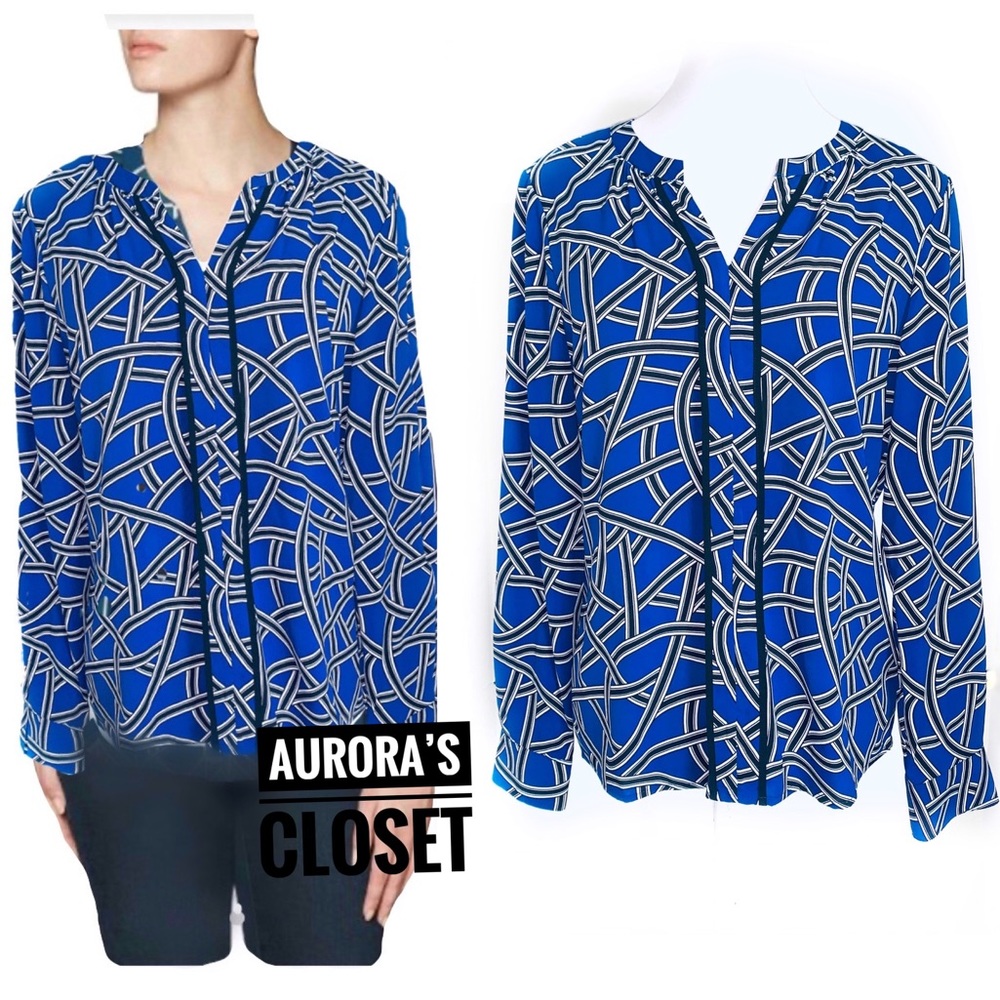 Calvin Klein S Blue Geo Print Blouse Long Sleeve